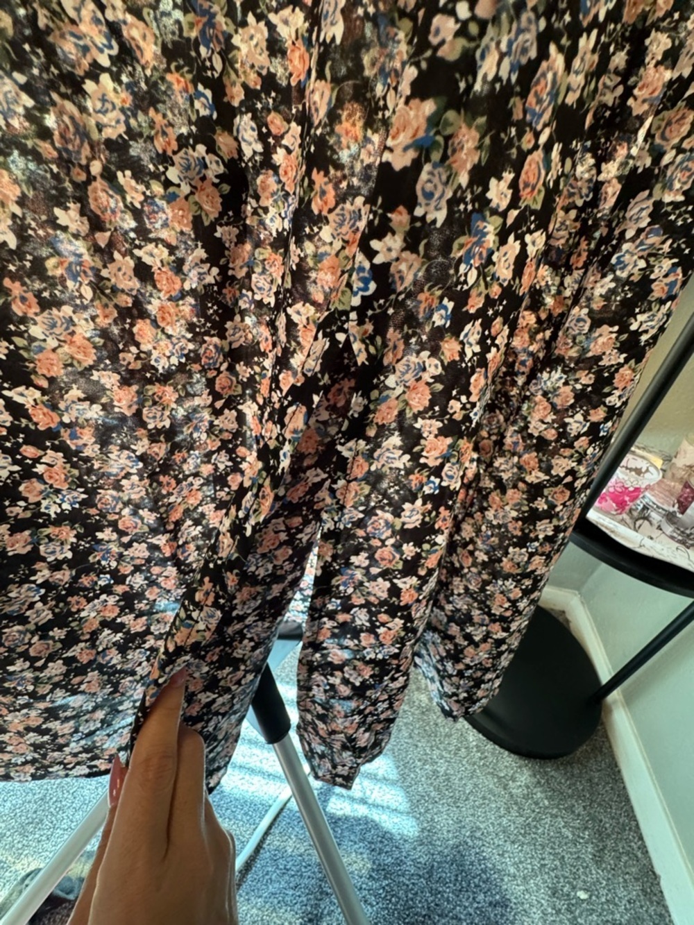 Floral Puff-Sleeve Midi Dress - Black with Blush Floral - Picture 5 of 7